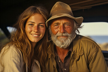 Fototapeta premium Elderly man and young woman gazing at ocean on beach.