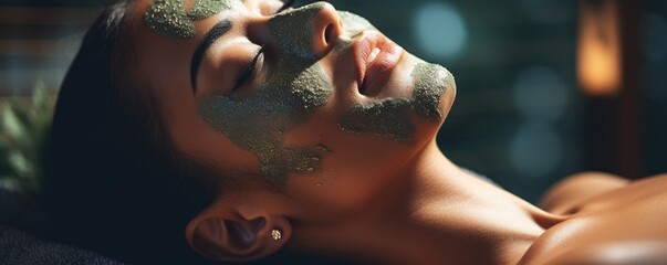 A woman enjoys a day in spa centrum. Applying facial  Mask.  Close-up portrait. generative ai