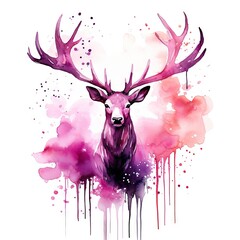 Big beautiful deer isolated on white background. Colorful watercolor illustration of animal. Wild animal for decorative forest design, card, banner, sticker, print - obrazy, fototapety, plakaty
