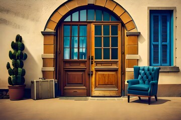 Fototapeta na wymiar Old vintage wooden victorian european front door or back door and a window as a backdrop or background design element.