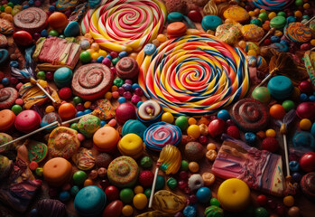 A cluster of colorful candies and lollipops. A pile of assorted candies and lollipops