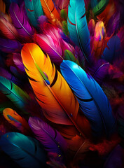 An app with a colorful feather background. A bunch of colorful feathers that are in the air