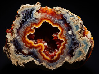 Obraz premium Geode sliced open to reveal swirling patterns of agate, intricate details, cross-section, shot in a controlled studio environment, dramatic spotlight