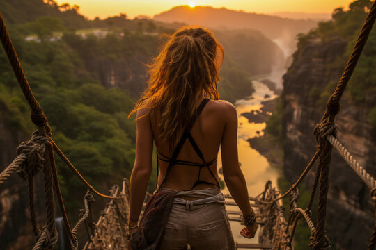 Fototapeta Indigenous teenager on rope bridge over canyon at sunset.
