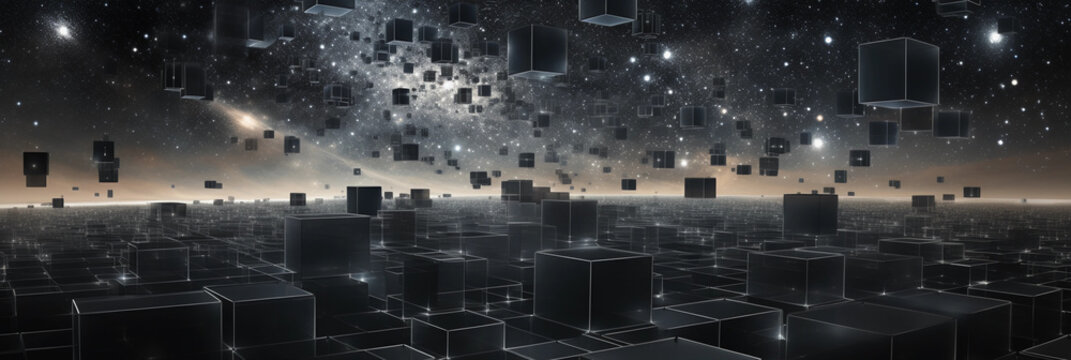 Multiple parallel universes layered atop one another, Escher-like geometric patterns, 4D hypercube shapes, stars and planets as nodes in a cosmic web, monochrome palette, digital vector art