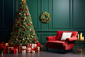 Festive interior with a red armchair, glittering tree, and warm candlelight setting a holiday mood.