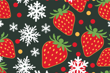 Vector christmas pattern with red
strawberries and snowflakes
on a black background. 2024 New Year's fashion
ornament for fabric, paper, textiles, notepad.