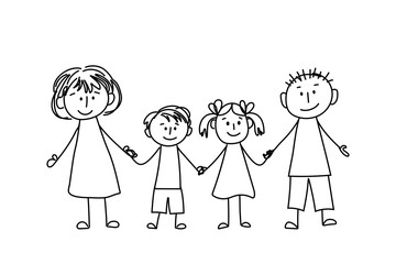 Family. little girl and boy holding hands with mother and father. Lineart black on a white background. Drawing sketch by a child's hand.