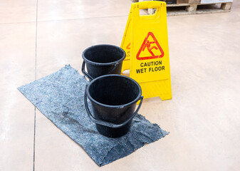 Caution Wet Floor warning sign on a tile floor in a superstore - 680715095