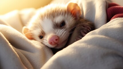 Bed bound ferret radiates joy.