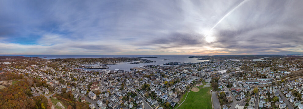 Fall 2023 panoramic aerial image in Gloucester, Massachusetts, MA, USA.
