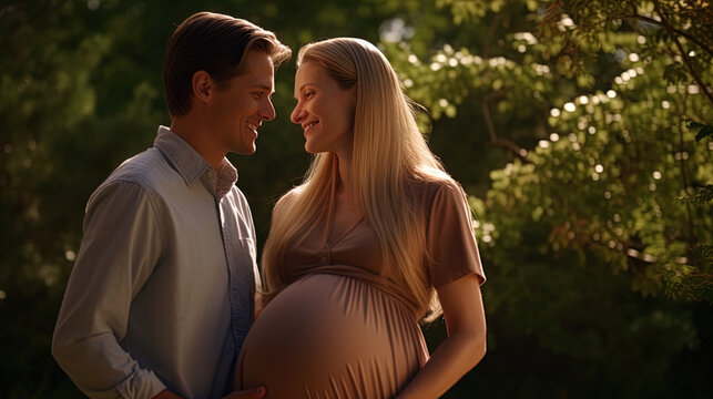 Joyful Park Scene A Beautiful 40 Year Old Pregnant Blonde, Full Length, Sharing Smiles With Her Husband.