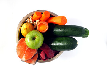 Ingredients for Natural Raw Dog Food in Bowl on White Background