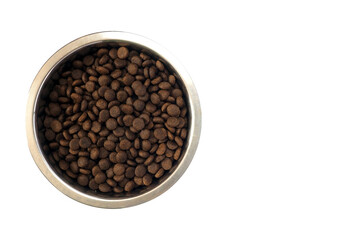 Dog food in a silver bowl on a white background
