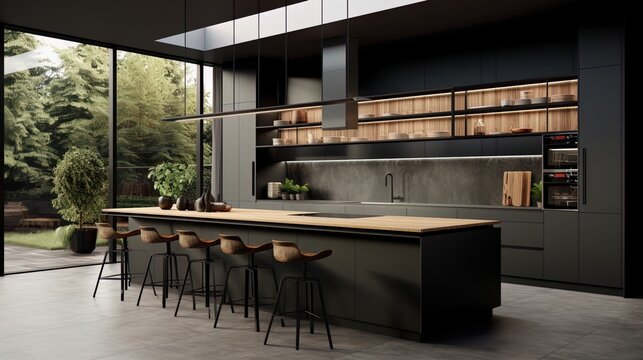 A significant kitchen island anchors the modernity of black walled kitchen.