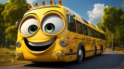 Fotobehang Cartoon yellow bus with eyes © Kateryna Kordubailo