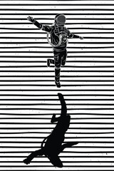 Astronaut in spacesuit. Graphic black white sci-fi poster with lines © arvitalya