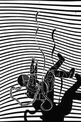 Falling astronaut in space. Graphic black white sci-fi poster with lines