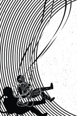 Astronaut flying on swing. Graphic black white sci-fi poster with lines