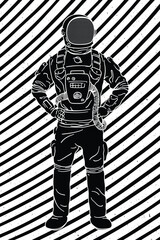 Astronaut in spacesuit. Graphic black white sci-fi poster with lines © arvitalya