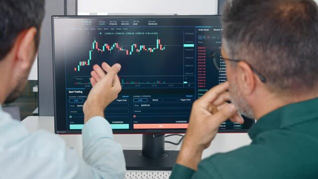 Two stock traders discussing financial crypto market data. Adviser broker manager consulting investor client on investment strategy, doing digital online finance market forecast at meeting. Close up