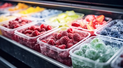 Frozen fruit and berry showcase supermarket grocery market wallpaper background - obrazy, fototapety, plakaty