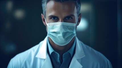 Doctor medic wearing protection medical mask on face wallpaper background