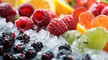 Frozen fruit and berry showcase supermarket grocery market wallpaper background