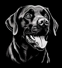 a black drawing of a labrador dog head, stencil art, detailed character illustrations, dignified...
