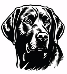 a black drawing of a labrador dog head, white background, stencil art, detailed character illustrations, dignified poses