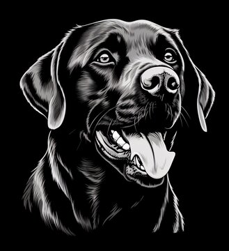 a black drawing of a labrador dog head, stencil art, detailed character illustrations, dignified poses