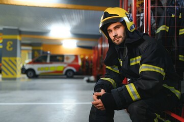 fireman sitting on bench at fire station