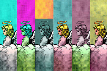 Ange féminin petite fille blonde avec des ailes dans le dos et une auréole assise de profil sur un nuage. Illustration vectorielle style bande dessinée pop art. Répétition du motif, espace texte - obrazy, fototapety, plakaty