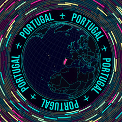 Portugal on globe. Satellite view of the world centered on Portugal. Bright neon style. Futuristic radial bricks background. Radiant vector illustration.