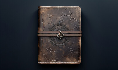 old worn leatherbound journal or diary with pressed emblem crest on front and leather straps for closing and sealing shut