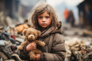 Child with doll stands in rubble of destroyed home.