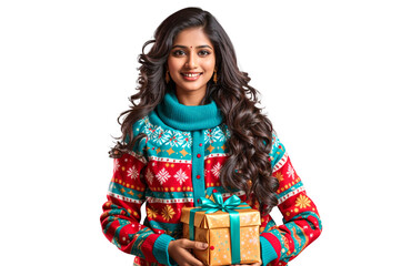 Pretty indian woman in a festive colorful Christmas sweater, holding a gift giving to you and with winter cloth. Isolated on a transparent background, png.