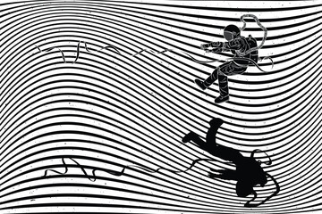 Flying astronaut in space. Graphic black white sci-fi poster with lines