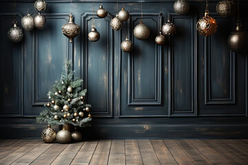 The holiday spirit of home decorations creates a festive Christmas backdrop, with copy space