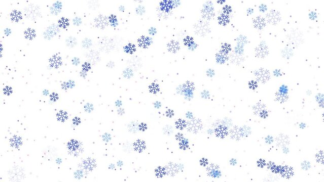 Festive bright winter background with animated falling snow blue snowflakes and spark particles flickering on white backdrop. Abstract decorative video animation for Christmas or New Year holiday.