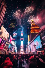A panoramic view  with the iconic ball drop and bright lights welcoming in the new year.