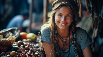 Young woman selling coffee beans in traditional South American market - obrazy, fototapety, plakaty