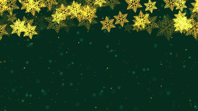 Festive winter background with animated falling snow golden yellow snowflakes border and glowing sparks on green backdrop with copy space. Decorative video animation for Christmas or New Year holiday.