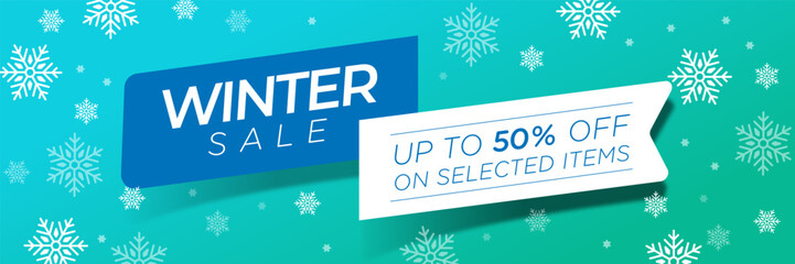 Winter sale vector poster or banner in horizontal format with discount text and snow. White, blue and red elements. Shopping promotion template. Editable vector illustration.