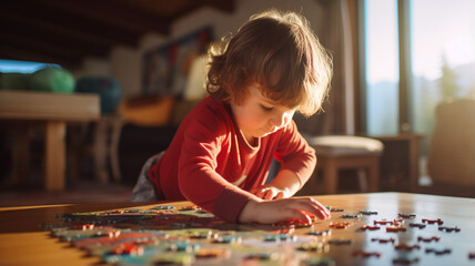 a boy collects a puzzle by candlelight in the room.