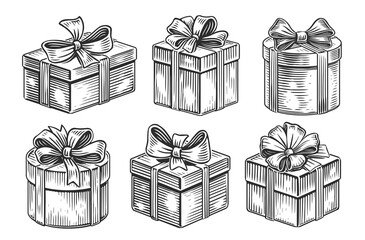 Christmas gift or Birthday present box with ribbon bow. Hand drawn illustration