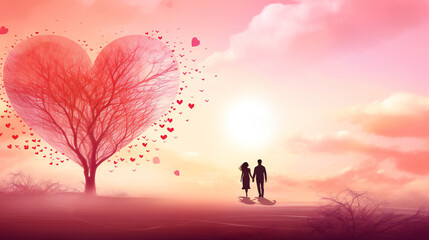 Valentines day background banner abstract panorama background with red hearts generative ai
