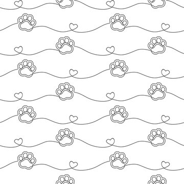 Paw seamless pattern. Repeating cute pet dog or cat background. Repeated modern footprint design for prints. Sample texture black and white silhouette foot. Repeat marks swatch. Vector illustration
