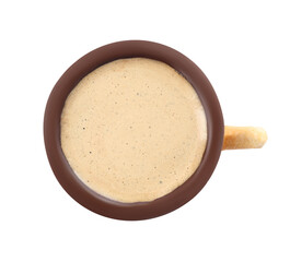 Delicious biscuit cup with coffee isolated on white, top view