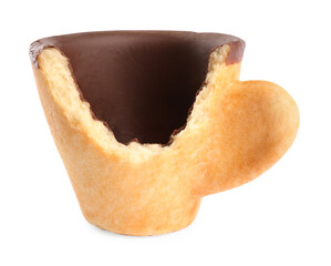 Bitten biscuit cup with chocolate isolated on white